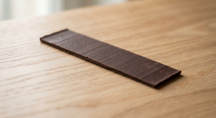 Close-up macro shot of a single dark cocoa energy strip on a wooden surface with soft lighting.