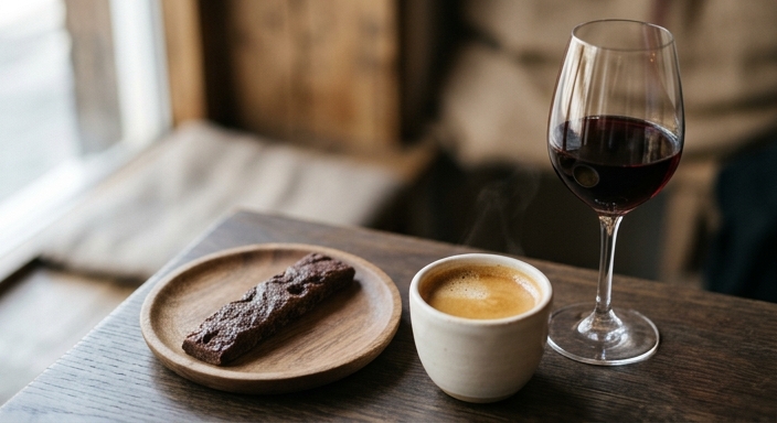 A single premium cocoa strip on a wooden saucer paired with a steaming espresso and a glass of red wine under soft light.