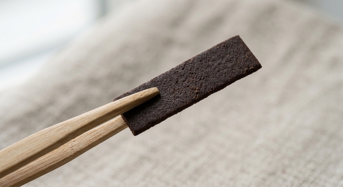 A close-up shot of a single thin, dark brown cocoa strip being held by wooden bamboo tweezers over a neutral linen background.