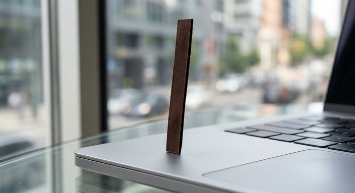 Macro shot of a thin dark cocoa strip standing on a desk with a blurred city background.
