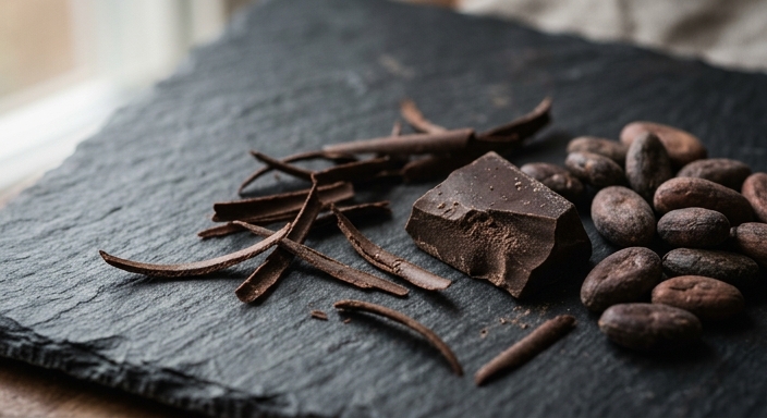 A close-up of dark cocoa strips, raw cocoa beans, and a piece of high-percentage dark chocolate on a slate background.